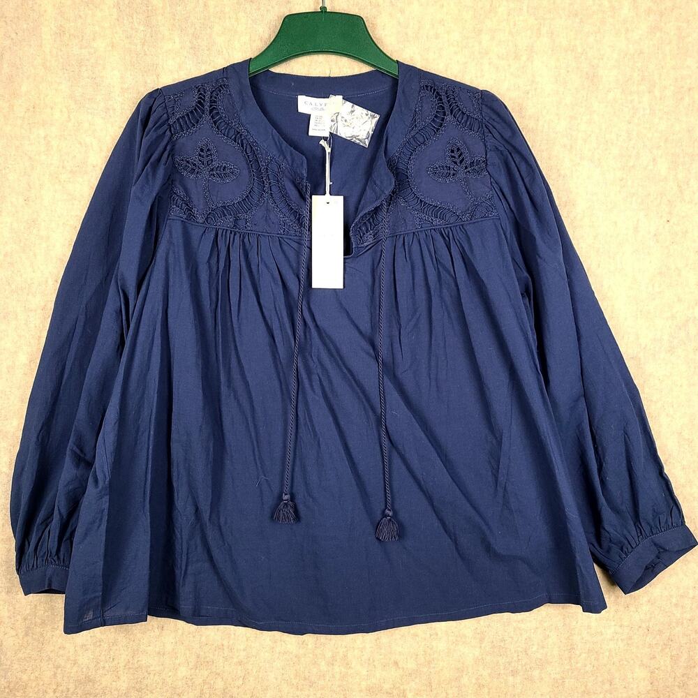 NWT Calypso St Barth 2X Blue Embroidered Cotton Peasant Top Blouse Relaxed Boho